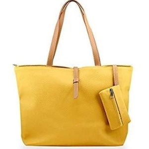 YELLOW PU LEATHER TOTE BAG WITH A MINI POUCH NEW